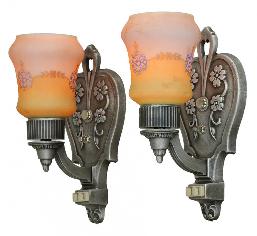 Lovely Pair of Circa 1920 Wall Sconces. Original Antique Backplates with Original Antique Shades