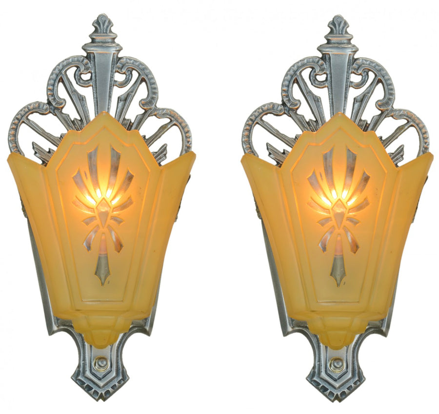 Pair of pewter finished Art Deco Slip Shade Wall Sconces