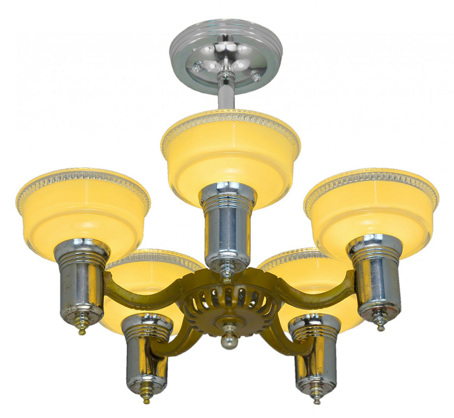 Antique Art Deco 5 Light Chandelier with Original Shades
