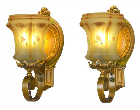 Lovely Pair of 1910-20 Edwardian Original Old Gold Finish Polychrome Wall Sconces