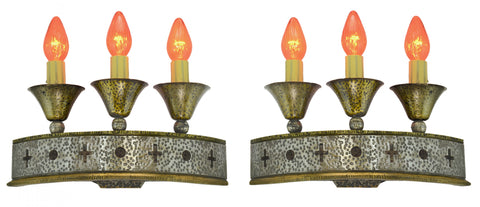 Antique Pair of Great 3 Candle Art/Crafts or Gothic Wall Sconce Lights Circa 1920-30