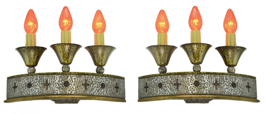 Antique Pair of Great 3 Candle Art/Crafts or Gothic Wall Sconce Lights Circa 1920-30