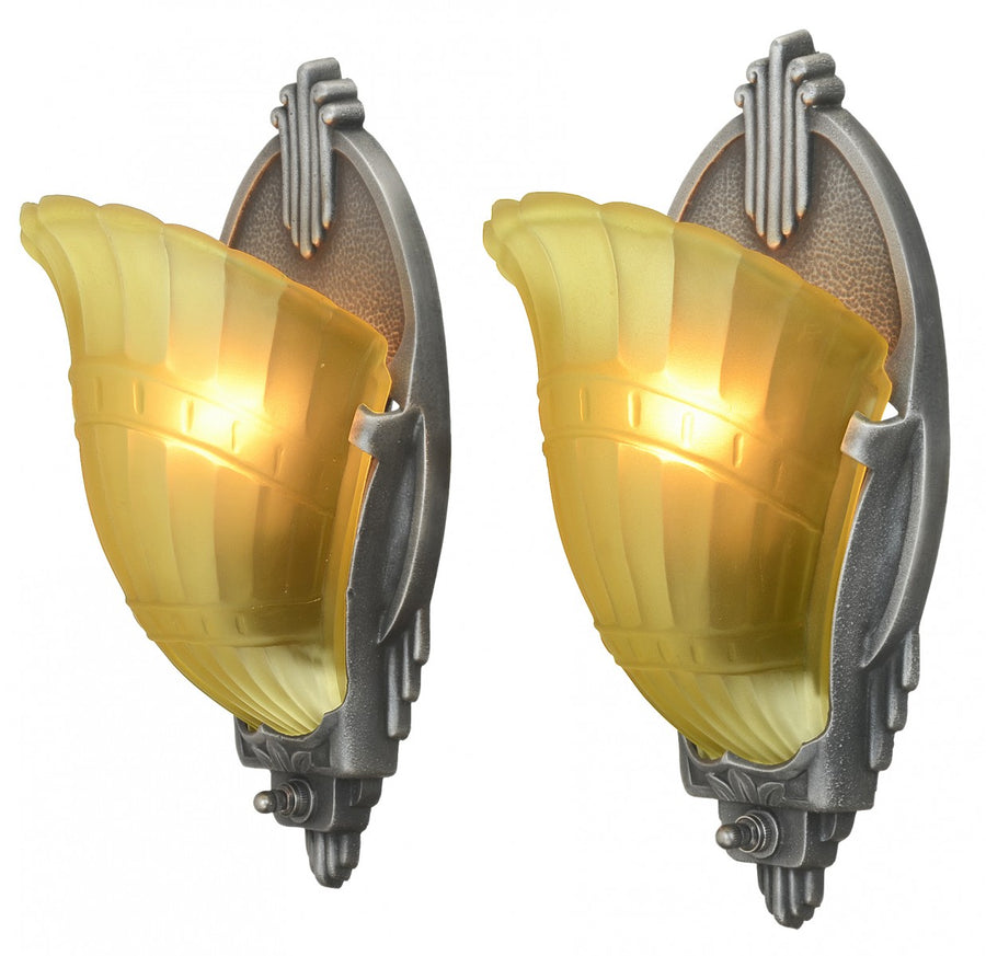 Pair of Nice Long, Shaped, Slip Shade Art Deco Sconces by Markel