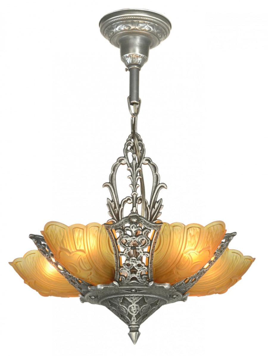 Antique Restored Art Deco Slip Shade Chandelier