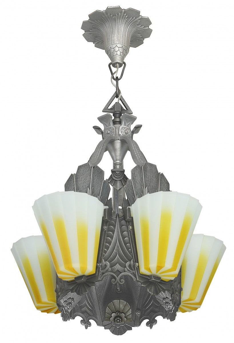 Fabulous Williamson Slip Shade Art Deco Five Slip Shade Chandelier