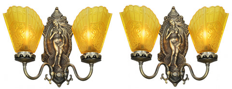 Antique Edwardian Pair of "Venus" Double Arm Wall Sconces