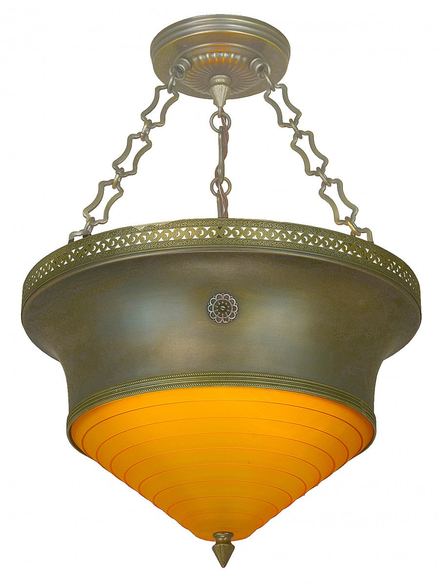 Art Deco/Mid-Century Chandelier with Neat Step Streamline Amber Glass Shade
