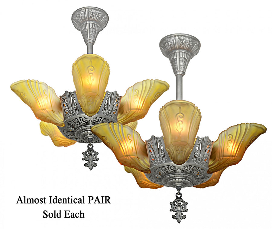 PAIR of Art Deco 5-Shade Chandeliers by Markel