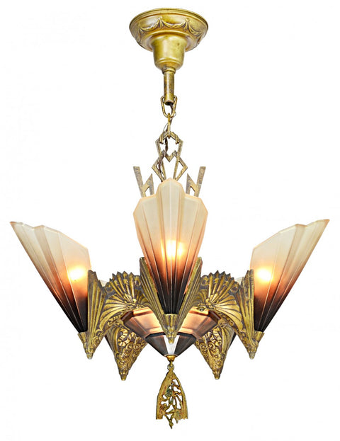 Six-Shade, Old Gold Chandelier by Mid West Mnf. 1930 (ANT-1173)