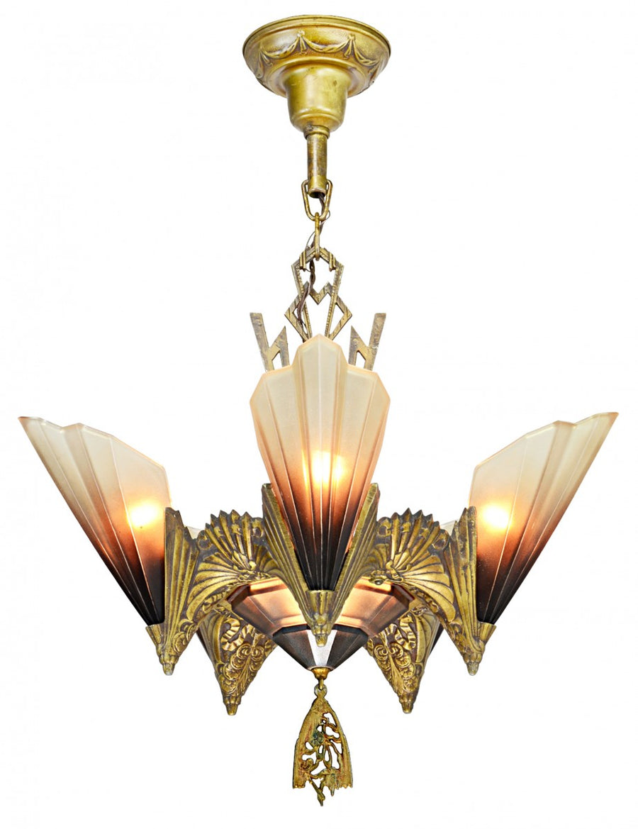 Six-Shade, Old Gold Chandelier by Mid West Mnf. 1930 (ANT-1173)