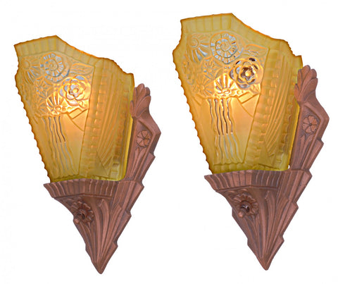 Lovely Pair of Americana Slip Shade, Dark Red Bronze Finished Sconces