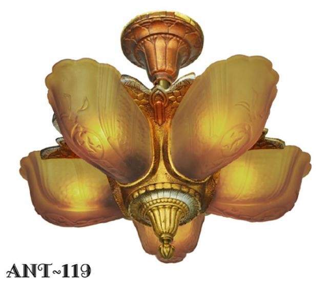 Antique Original PolyChrome Finished Cast Iron Slip Shade Art Deco Chandelier