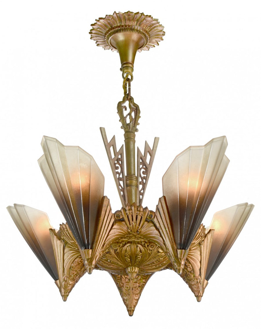 Five-Light, Brown Tip Shade, Chandelier by Mid West Mnf. 1930