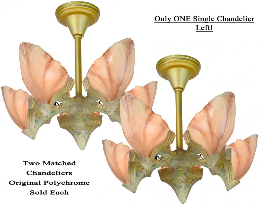 Matched Pair (Nearly Perfect) Art Deco 5-Shade Clam Shell Chandeliers by Mid-West