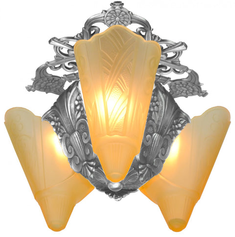 Art Deco Pewter Finished 3-Shade Low Ceiling Light by Globe - C.1930