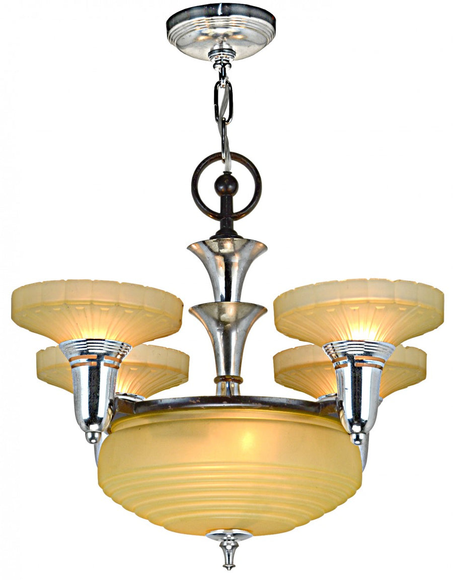 Antique Art Deco Streamline 5-Shade Chandelier