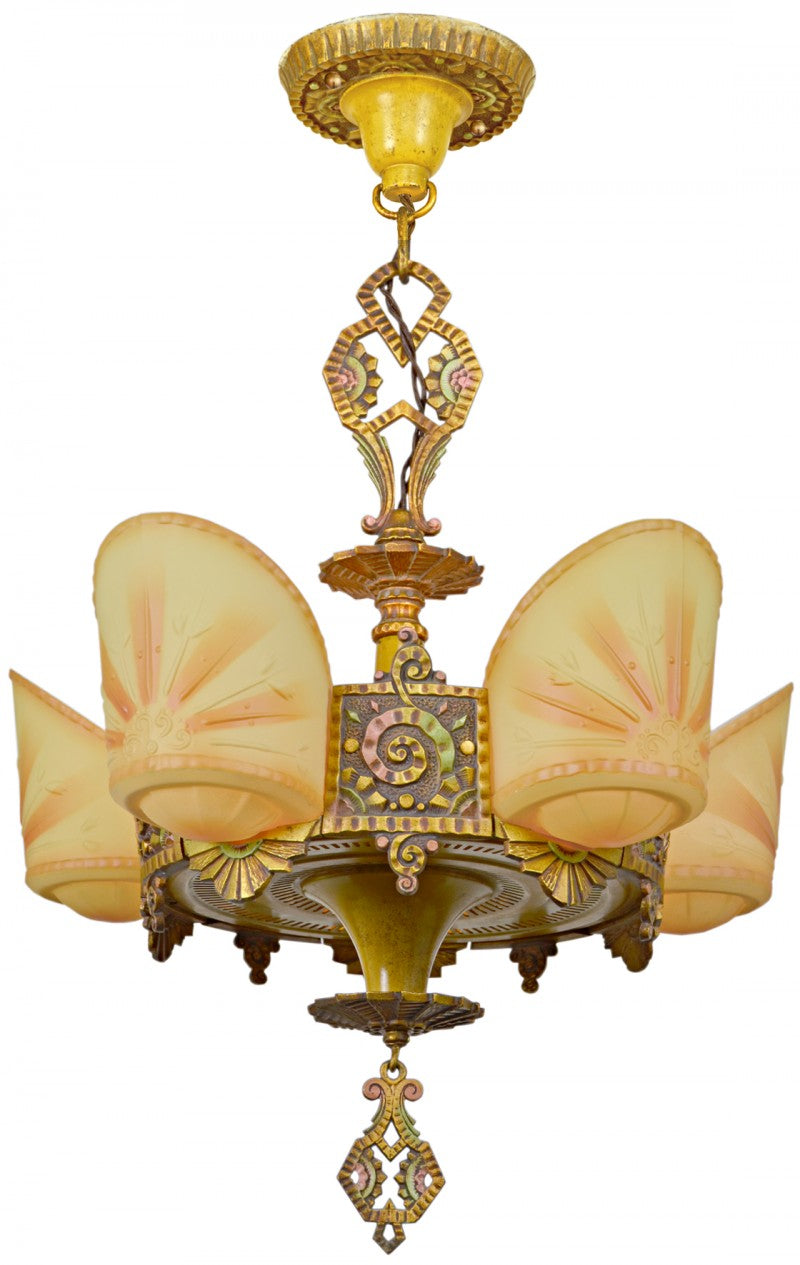 Antique Beardslee (Williamson) 5-Light Art Deco Slip Shade Chandelier