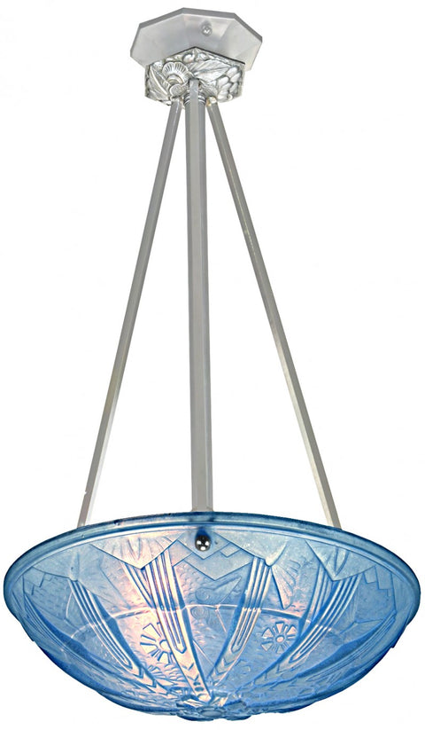 Outstanding French Art Deco Baby Blue Embossed Bowl Ceiling Pendant