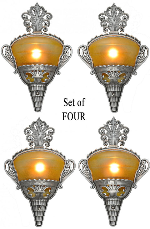 Unusual SET of FOUR Art Deco Slip Shade Sconces with Amber Tiny Bubble Shades