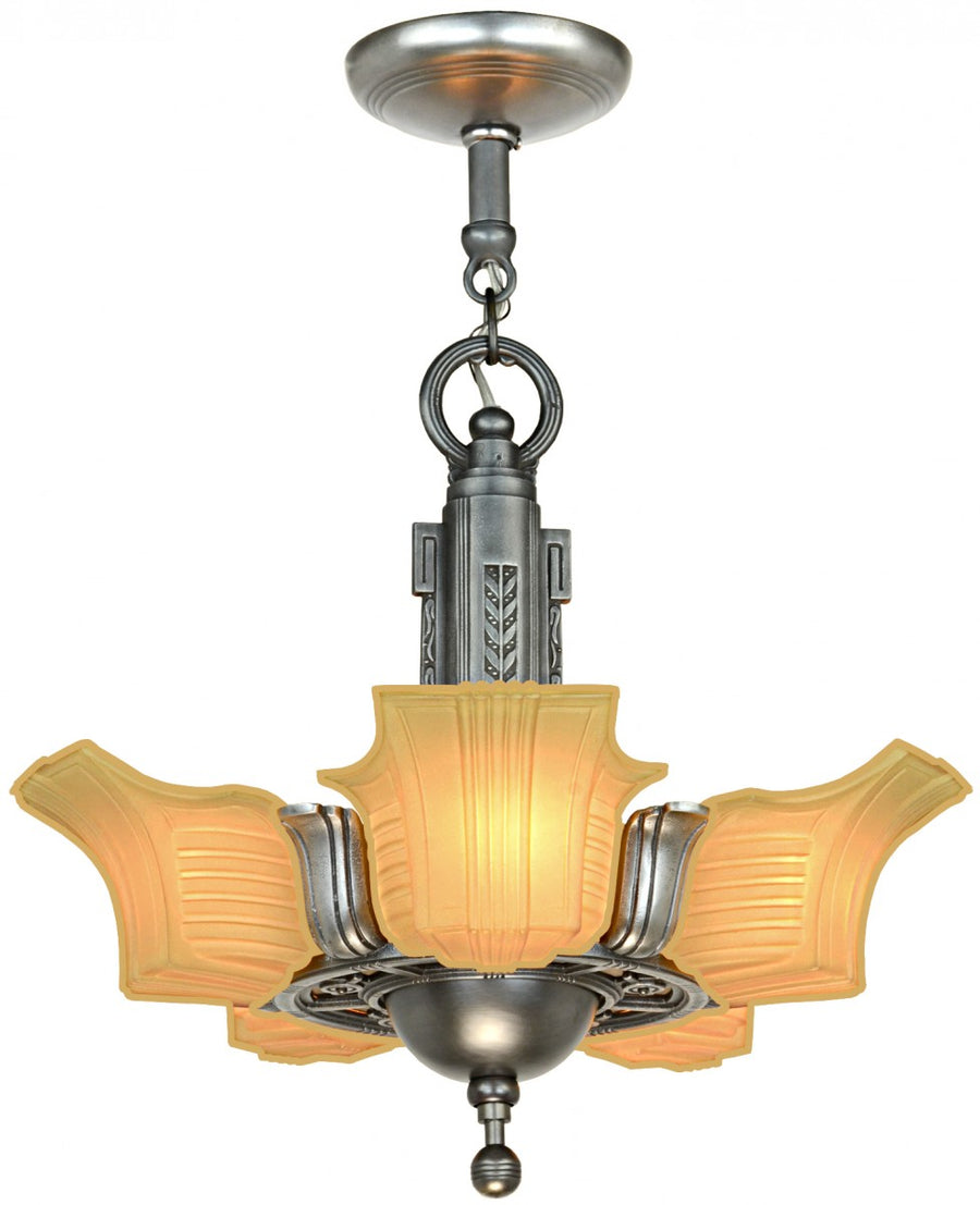 Unusual 5 Slip Shade Art Deco Chandelier by Globe c.1935