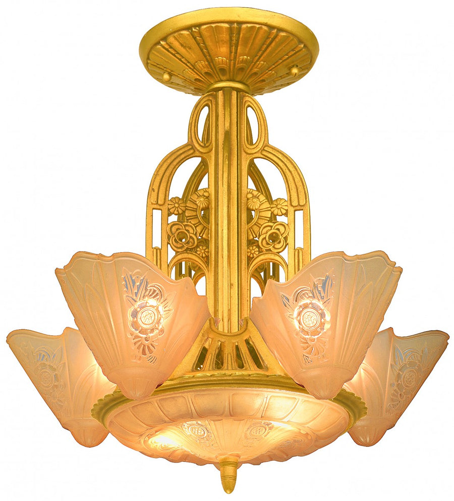 American Art Deco 5-Light, 6-Shade, Chandelier by Lightolier