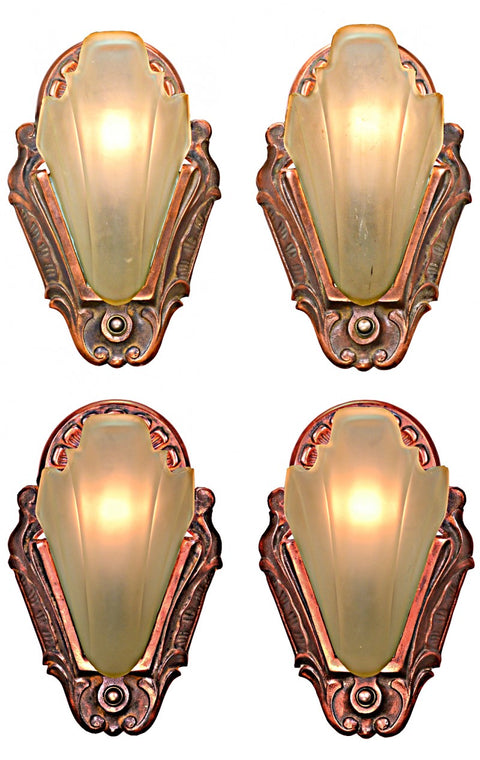 Unusual TWO Pair of Art Deco Slip Shade Sconces with Amber Shades