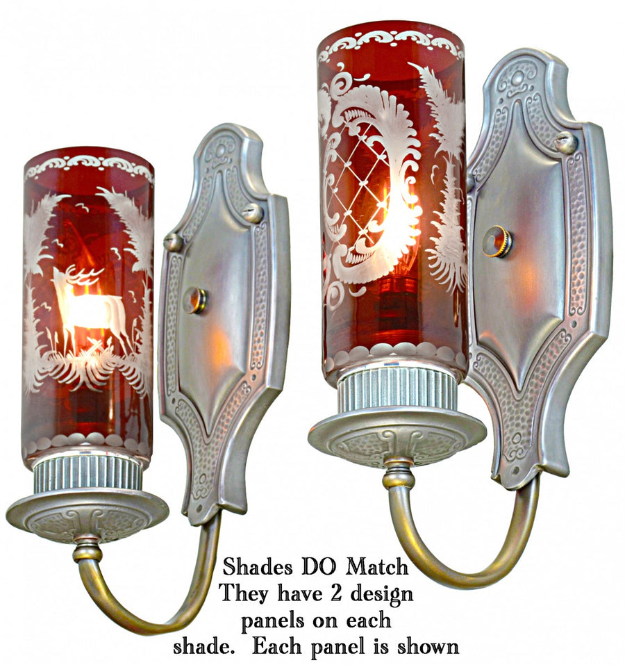 Pleasing Pair of 1920's to 30's Sconces with Etched Ruby Shades
