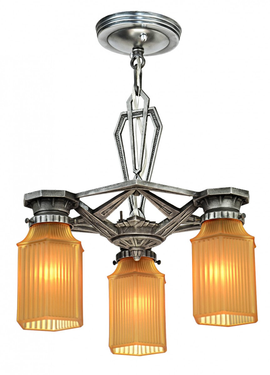 Early Art Deco Ceiling Three Shade Chandelier (Circa 1910-30)