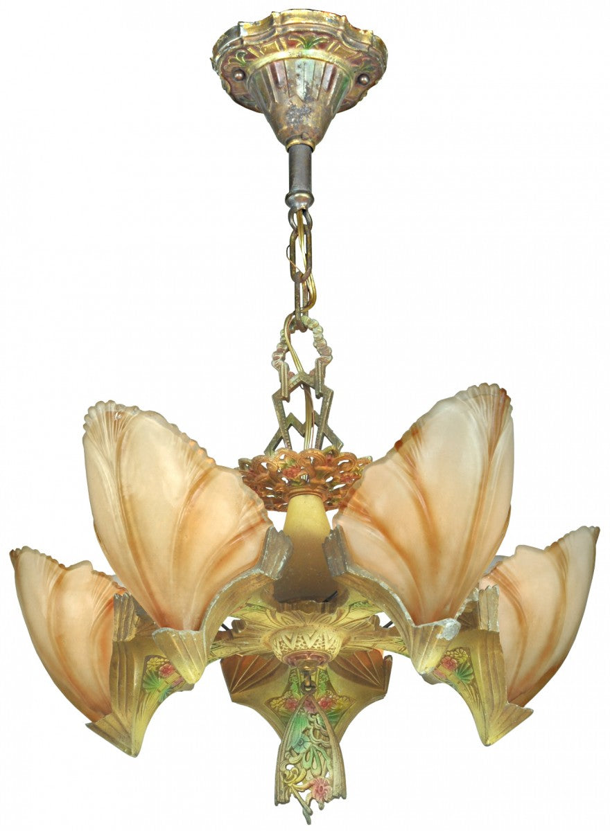 Art Deco 5-Shade Clam Shell Chandelier by Mid-West