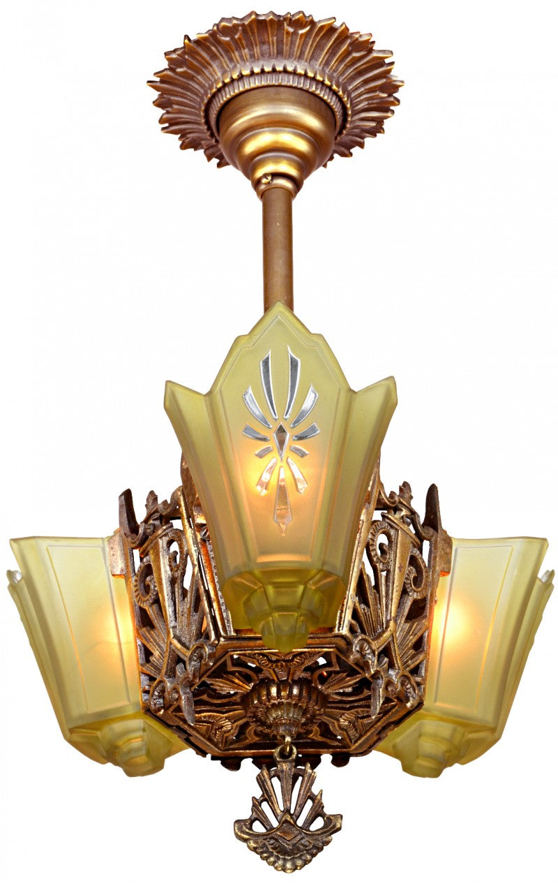 Antique Restored Red-Bronzed Finished Art Deco Slip Shade Chandelier