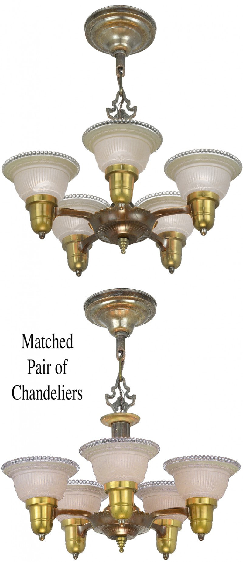 Matched Pair of Antique Art Deco 5-Light Chandeliers with Original Shades