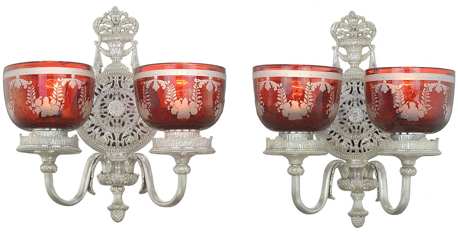Ornate 20s Pierced Rococo Style Double Sconces with Neat Ruby Shades