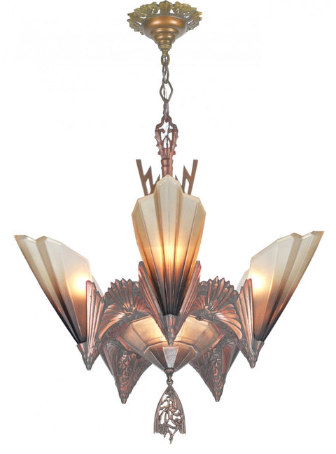 Solid Bronze Art Deco Slip Shade Chandelier by Mid West Mnf.