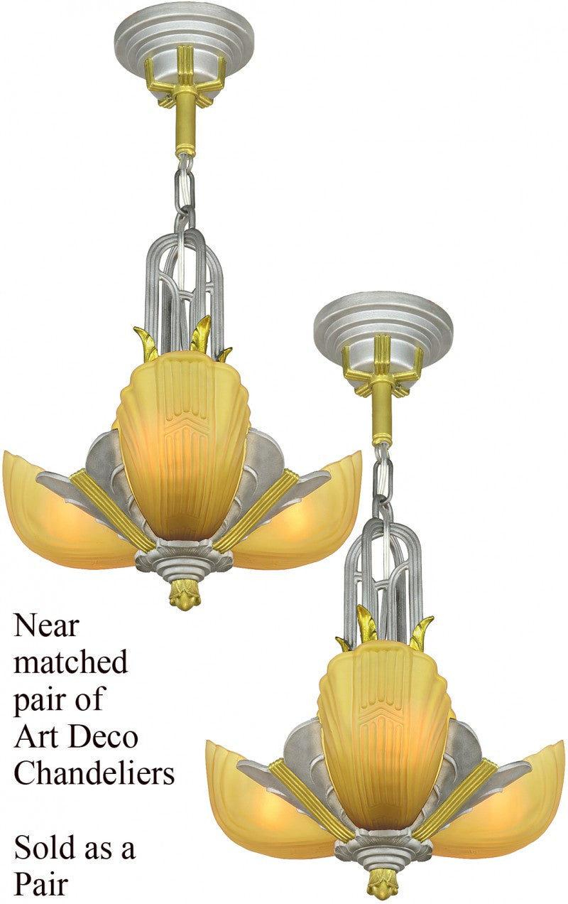 Remarkable PAIR of  Markel Three-Light Art Deco Streamline Chandeliers