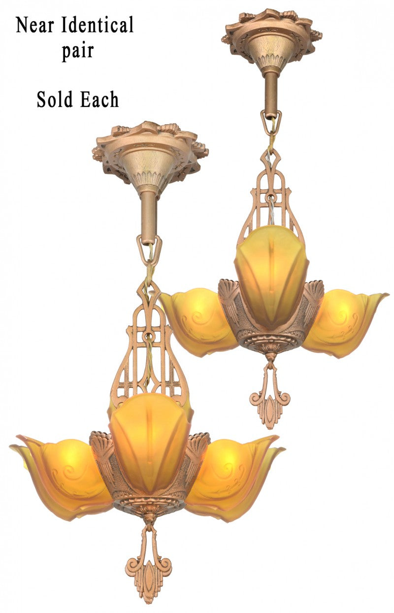 Pair of Moe Bridges Art Deco 3 Slip Shade Chandeliers-SOLD EACH