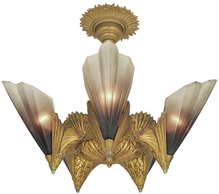 Five-Light, Brown-Tip Shade Chandelier by Mid-West Mnf. c.1930