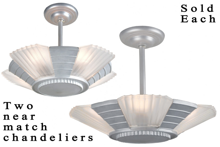 Two Closely Matched Art Deco Slip Shade Newport Chandeliers-Circa 1935 (SOLD EACH)