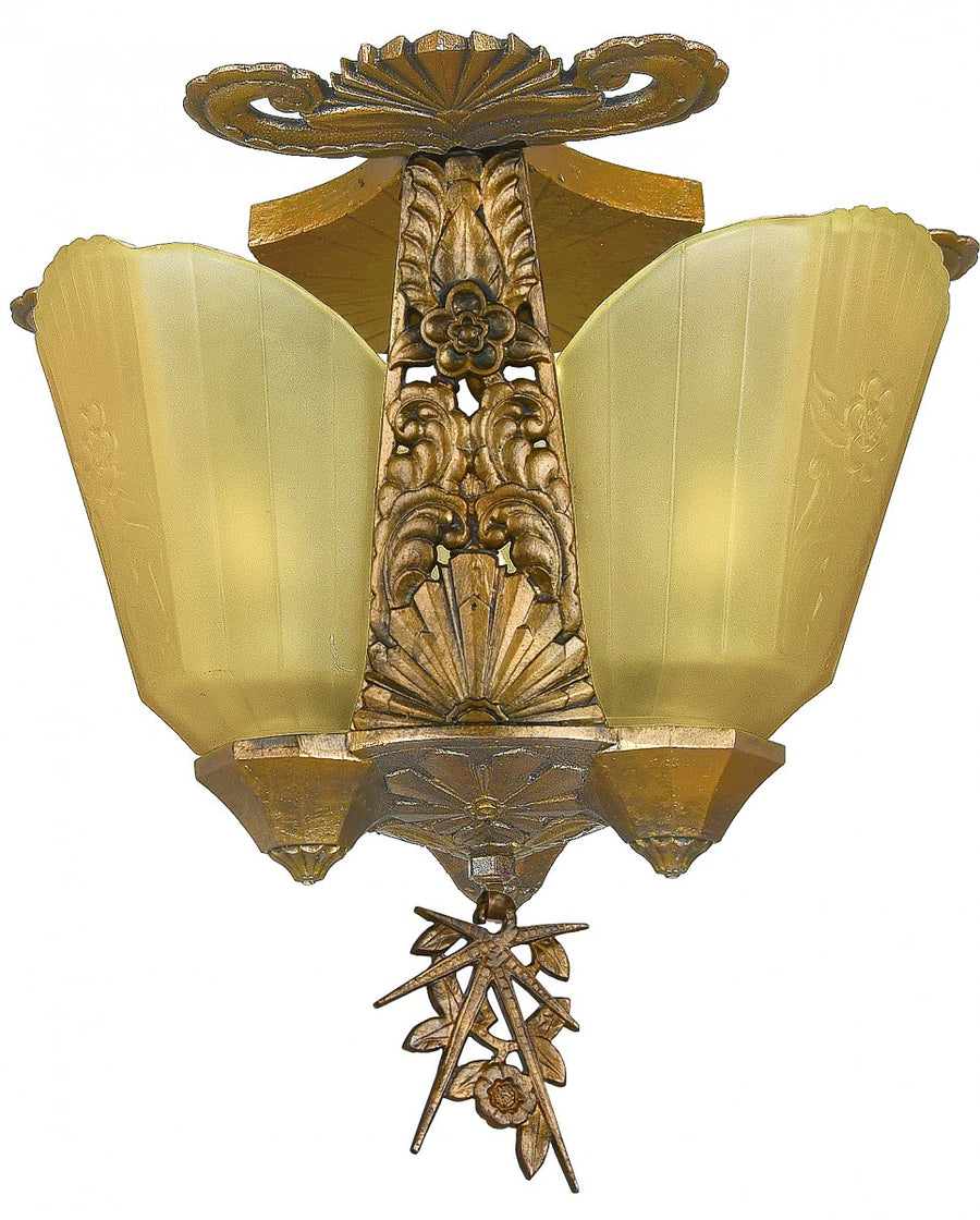 Art Deco Slip Shade Low Ceiling Chandelier by Mid West Mnf.