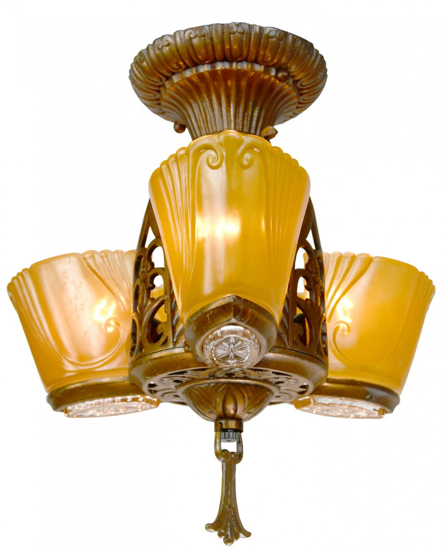 Neat Art Deco 3-Shade Low Ceiling Chandelier by Virden