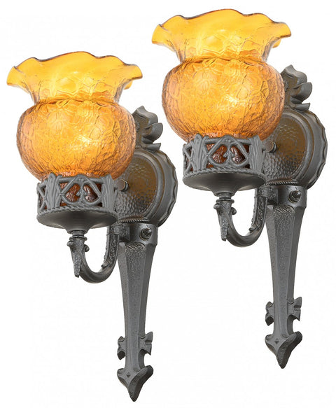 Antique Pair of Gothic-Style Wall Sconce Lights Circa 1930-40