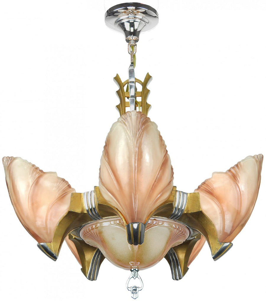 Art Deco 6-Shade Top-of-the-Line Clam Shell Chandelier by Mid-West