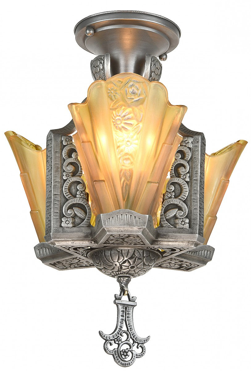 Art Deco Slip Shade, Low Ceiling, 3-Shade Chandelier