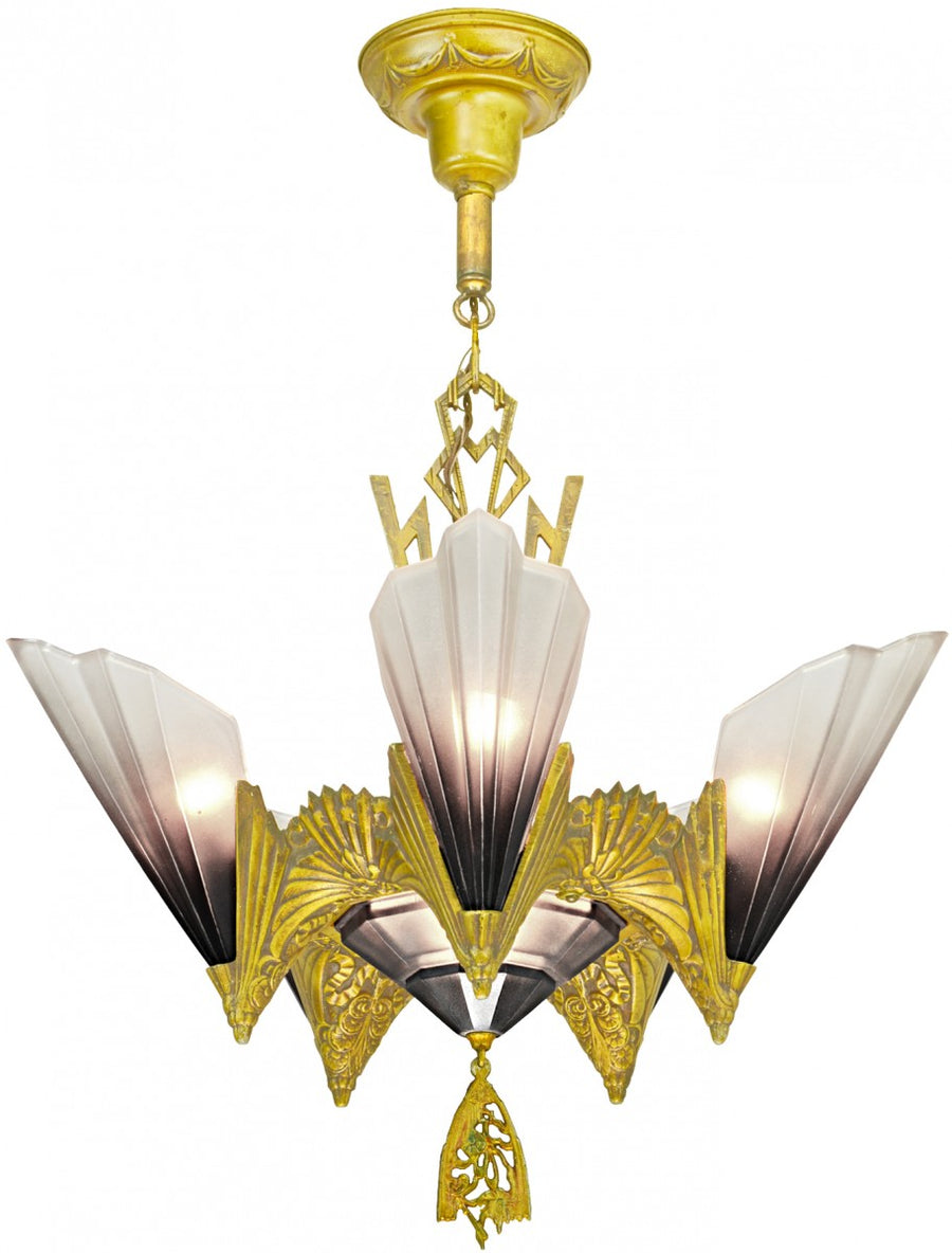 Six Shade Old Gold Chandelier by Mid West Mnf 1930