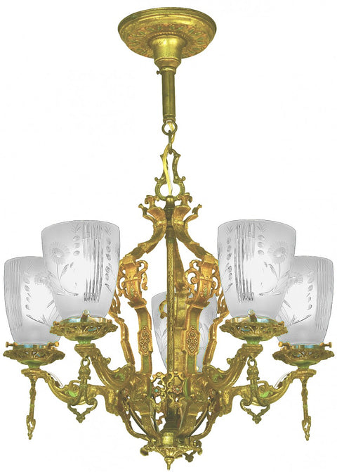 Solid Brass and Bronze Original Five Cut Glass Shade Antique Chandelier