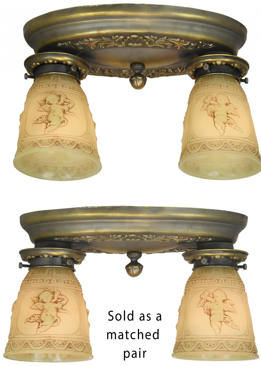 Pair of Matched Antique Brass Restored Edwardian Close Ceiling Lights (Sold as a Set)