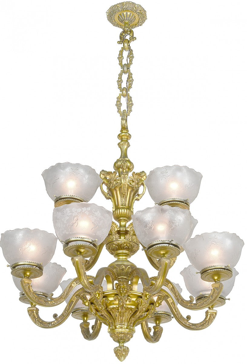 Antique French Large 12-Arm Brass/Bronze Chandelier Circa 1920