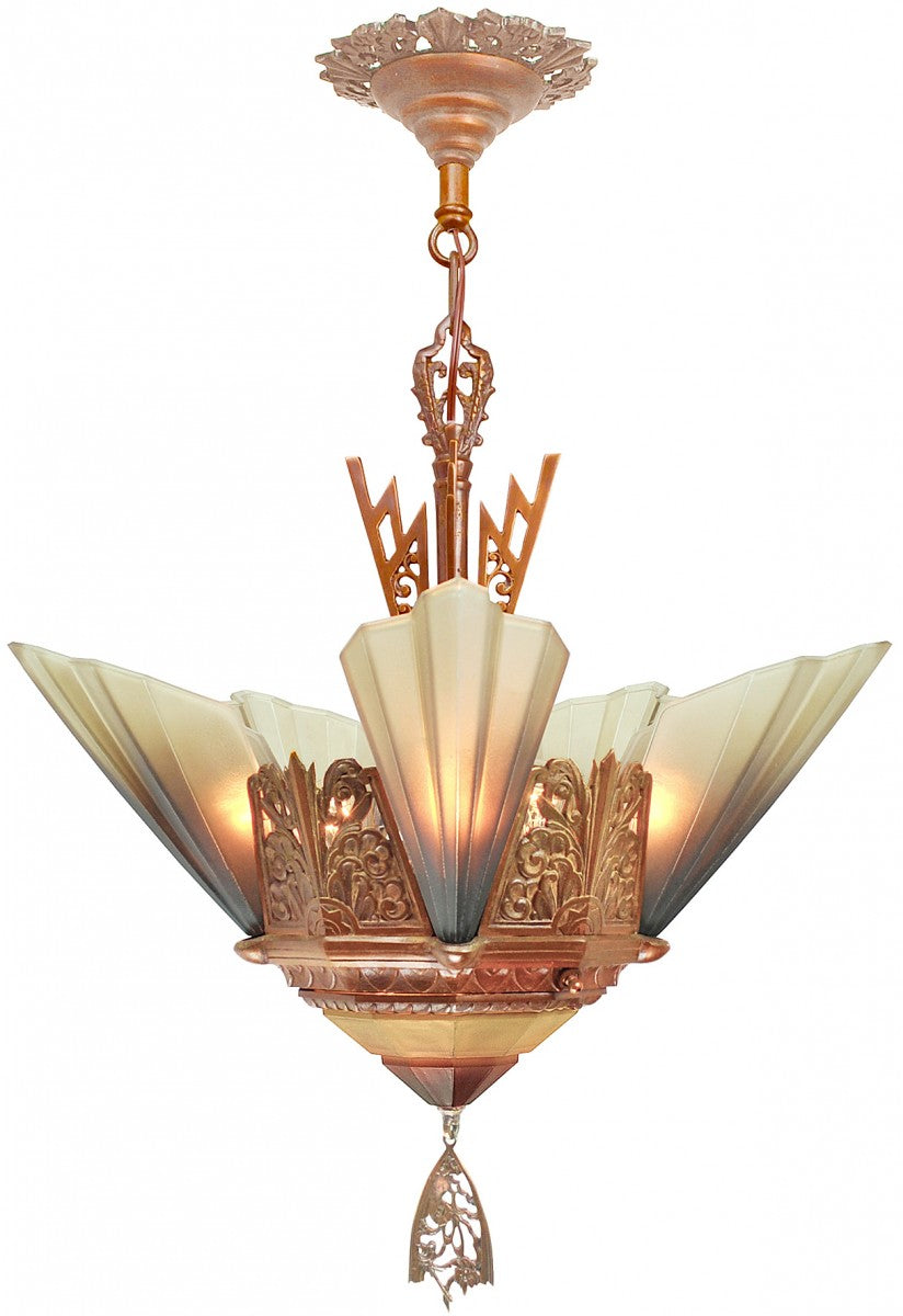 Solid Bronze Art Deco Slip Shade Chandelier by Mid-West Mnf.