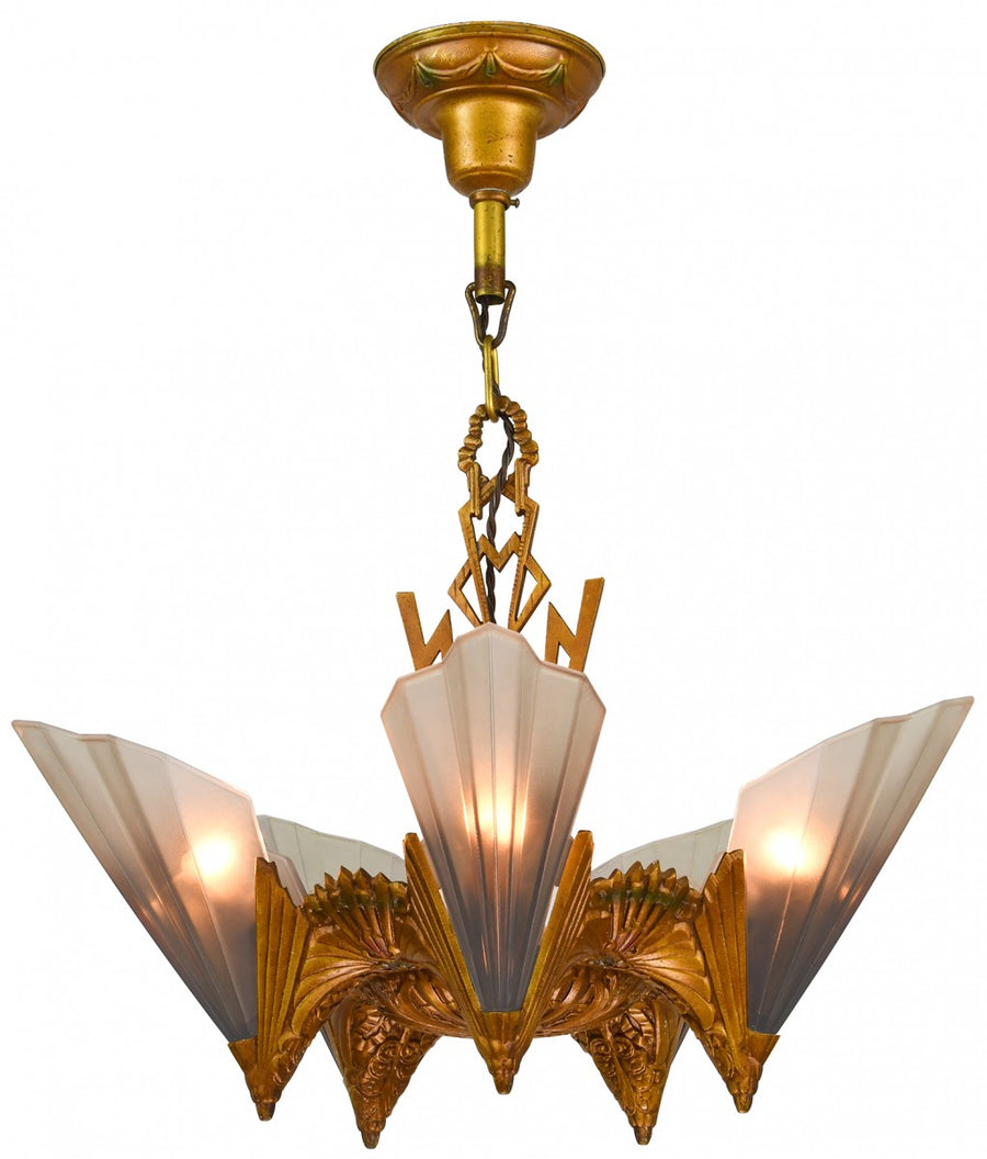 Five-Light, Brown Tip Shade, Chandelier by Mid West Mnf. 1930