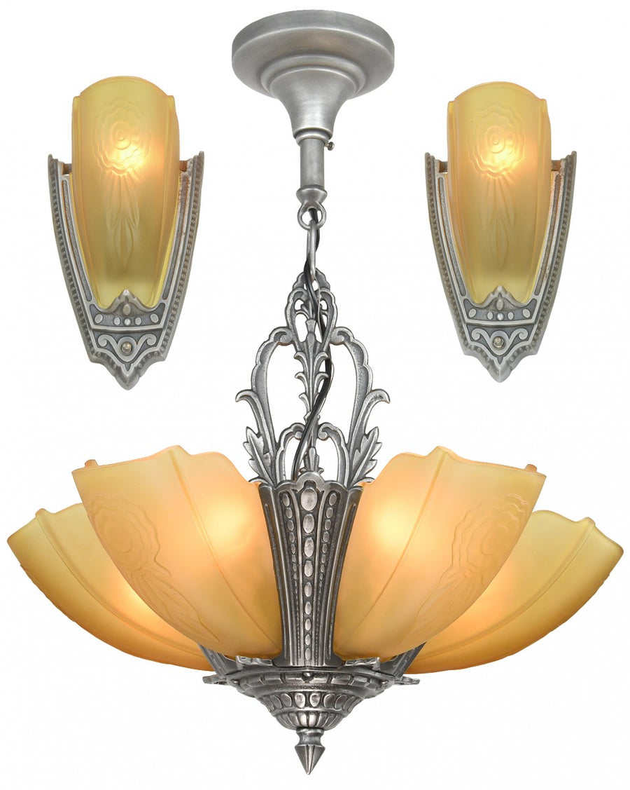Set of an Art Deco 5-Light Chandelier with Matching Sconces by Puritan