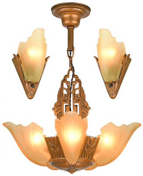 Art Deco 5-Shade Chandelier and Sconce Set by Estellite